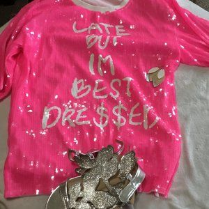 Pink & White Sequence party shirt "Late, But I'm Best Dressed"